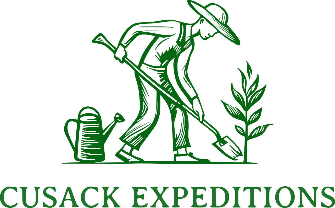 Cusack Expeditions Logo, featuring a man planting a plant with a watering can.
